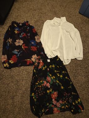 CAbi Floral Silk Blouse in Black with Red, Blue, Yellow and Pink Blooms